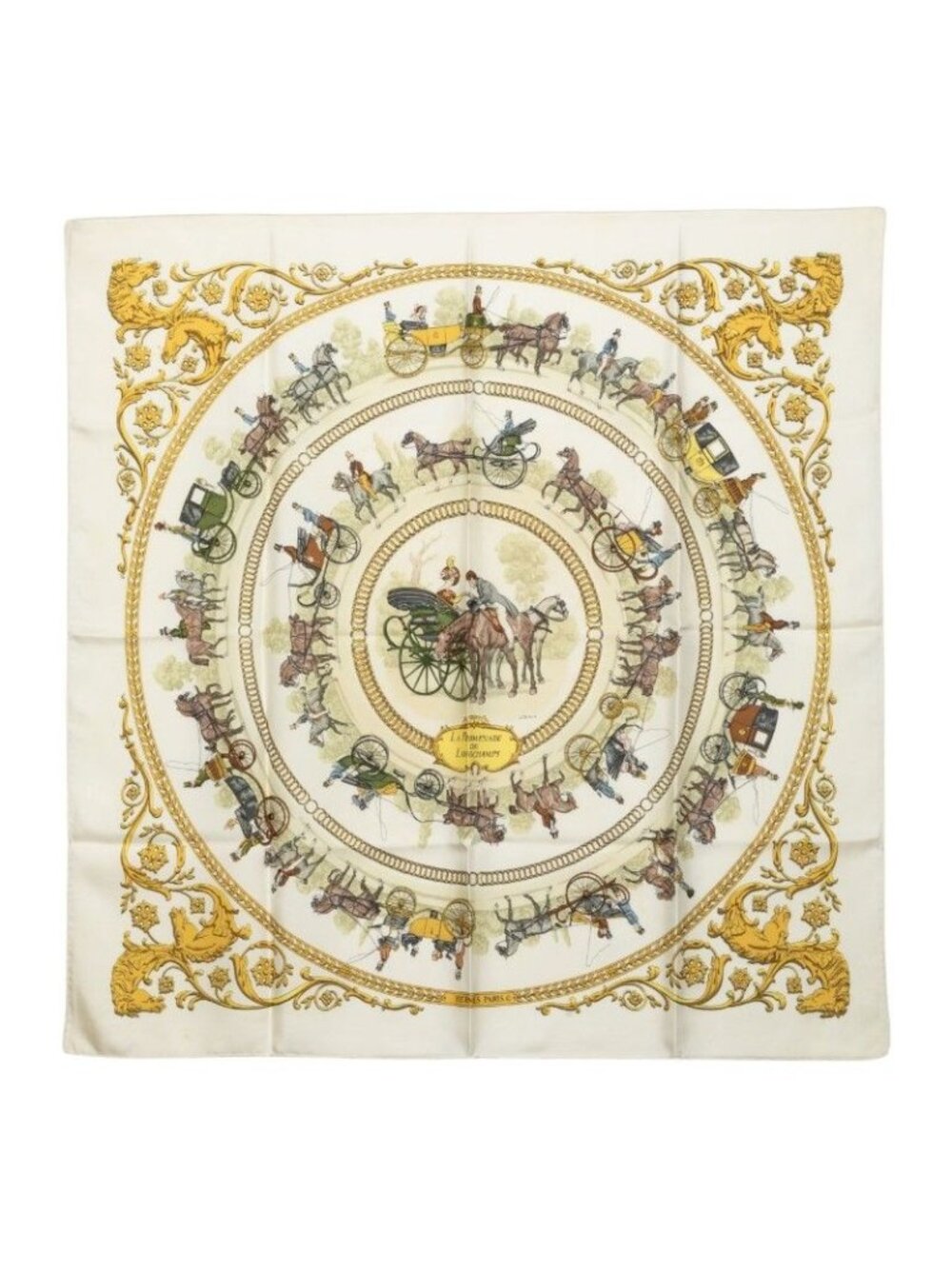 Hermes Carre 90 Walk to Long Chien la Promenade de Scarf Ivory Multicolor Silk